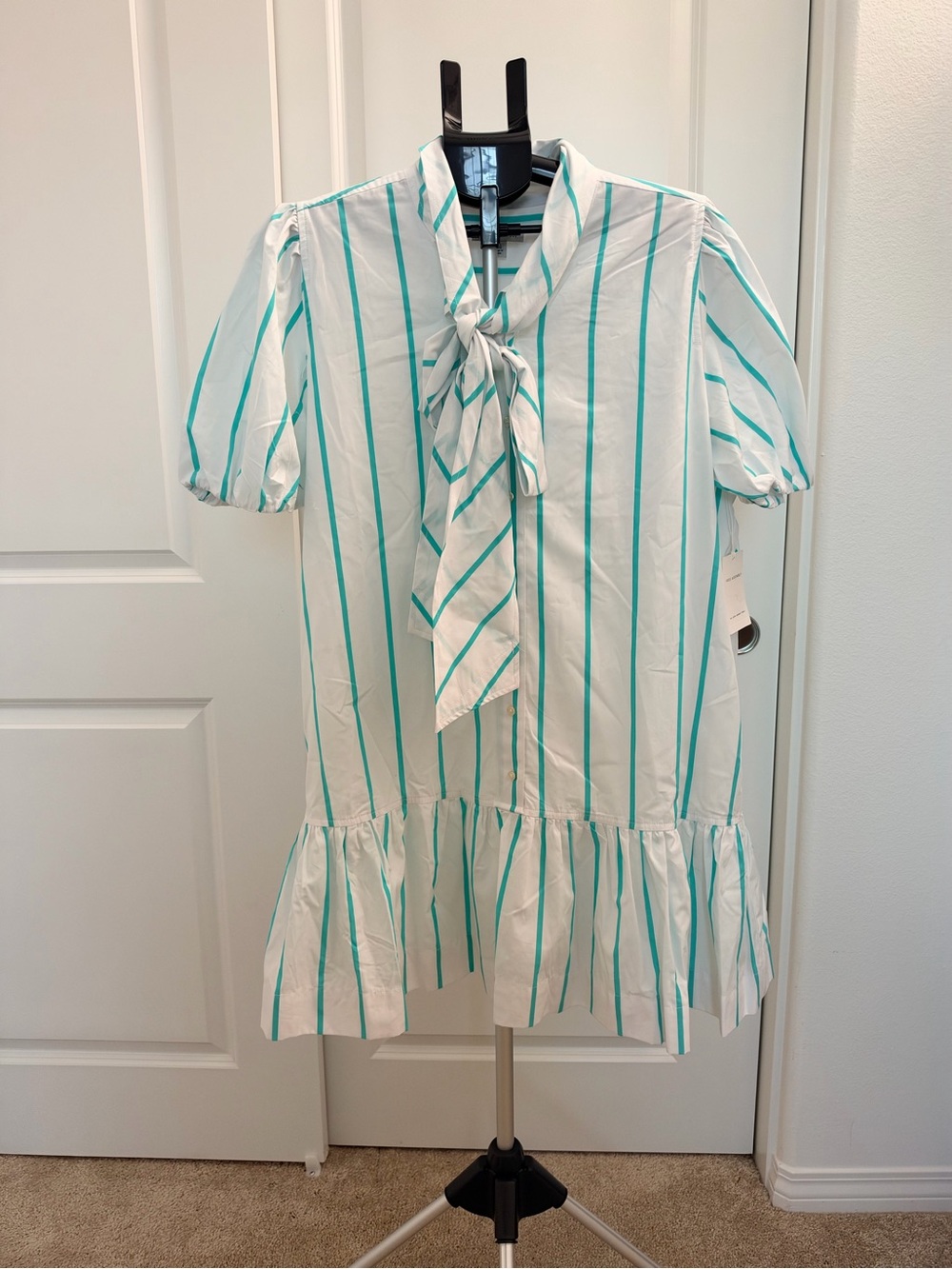 Women's Tie Neck Teal Striped Cotton Mini Dress